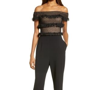 Tadashi Shoji Black Off-Shoulder Lace Jumpsuit with Fringe